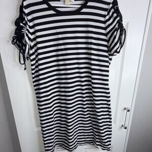 Michael Kors XL Black White Striped T-Shirt Dress Lace Up Short Sleeve Crew Knee